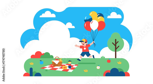 Joyful Child Runs With Balloons In Park Celebrating A Cheerful Day Outdoors Forever