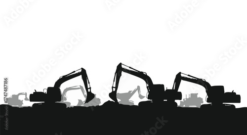 Three heavy excavators work in unison, their silhouettes contrasting against a bright white background, symbolizing construction and industry.