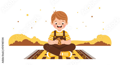 Joyful Child Sitting Cross-Legged, Contentedly Holding a Cookie, Cartoon Illustration