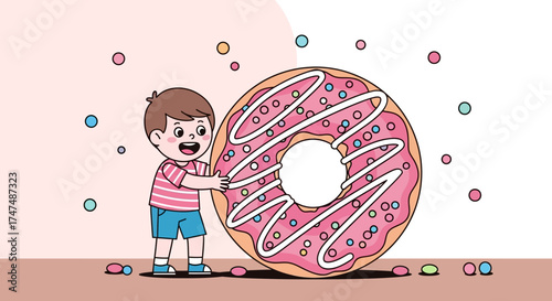 Joyful Child Smiling With Large Donut, Colorful Sprinkles and Dazzling Delight