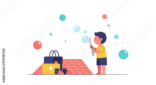 Joyful Childblowing Bubbles During A Picnic, Vibrant Colors And Leisure Time Illustrated