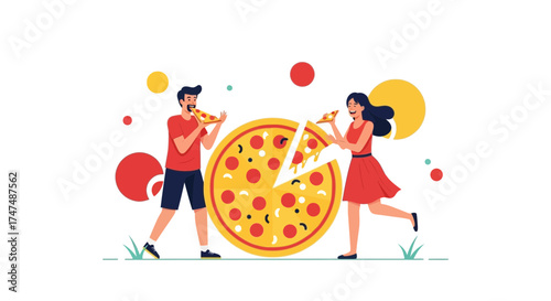 Joyful Couple Eating Pizza, Sharing Delicious Food, Happy Friends Enjoying Meal Time