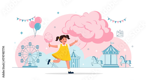 Joyful Girl at a Fair, Celebrating Childhood Happiness With Cotton Candy and Fun