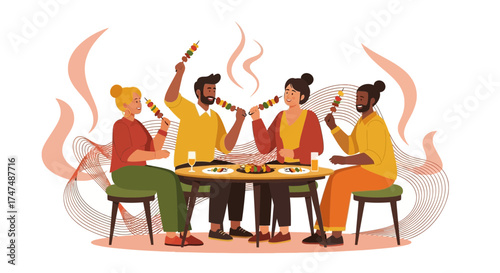 Joyful Gathering Of Friends, Bonding Over Food And Shared Celebration Moment