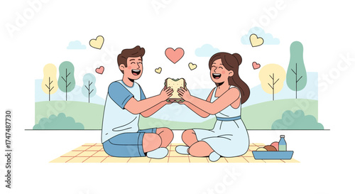 Joyful Couple Sharing a Sandwich Outdoors Amidst Floating Hearts and Delightful Scenery