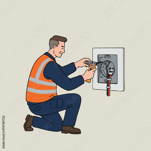 An electrician in safety gear carefully repairs electrical wiring, ensuring a safe and functional power supply for the building's needs.