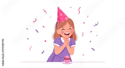 Joyful Girl Celebrating a Special Moment with Cupcake, Confetti, and a Birthday Hat