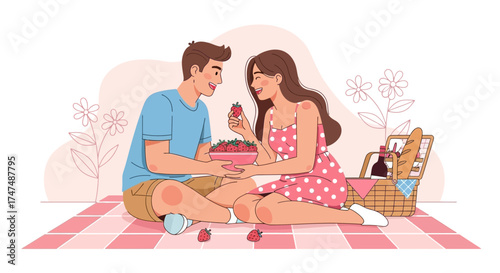 Joyful Couple Sharing Strawberries During a Sunny Outdoor Picnic Scene