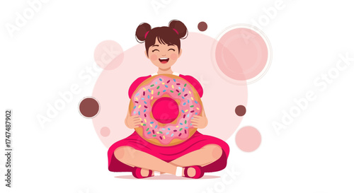 Joyful Girl Embraces a Delicious Donut, Brightening Any Sweet Treat Promotion
