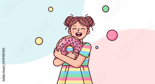 Joyful Girl Embracing A Delicious Glazed Donut With Colorful Accents In An Illustration
