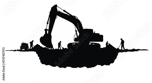 Silhouette of construction workers operating an excavator, digging a trench, and working with other equipment for a building project.