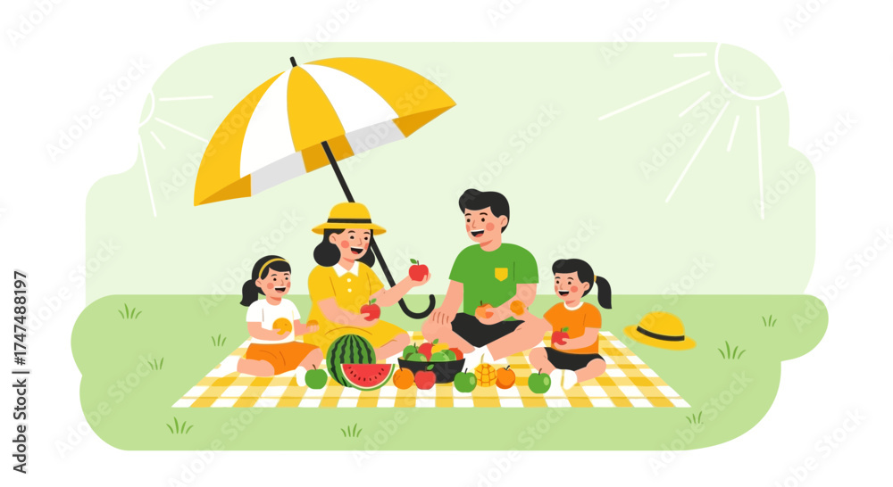 Fototapeta premium Joyful Family Picnic Under A Vibrant Parasol On A Sunny Day Of Togetherness