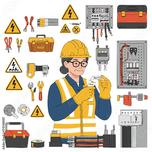 An experienced female electrician carefully examines electrical components, surrounded by tools and safety warnings in a detailed illustration.