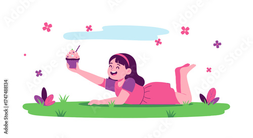 Joyful Girl Enjoying Sweet Treats Surrounded By Nature's Delightful Blossoms Illustration