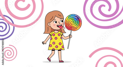 Joyful Girl Enjoys a Colourful Swirl Lollipop, With Whimsical Decorative Elements