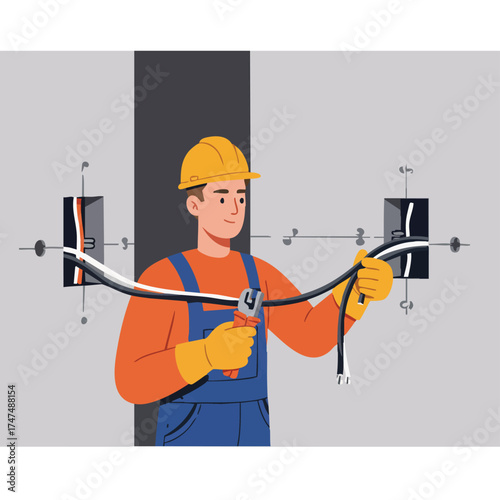 An electrician in a hard hat and work overalls is working on electrical wiring, connecting cables to a junction box in a wall.