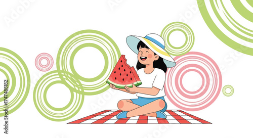 Joyful Girl Enjoys Watermelon on Picnic, Sunshine, and Leisurely Moments.