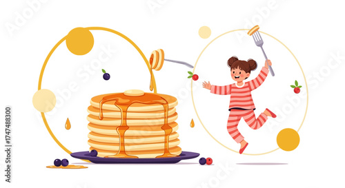 Joyful Girl Jumps for Joy Near Delicious Stack Of Hot Pancakes Illustration