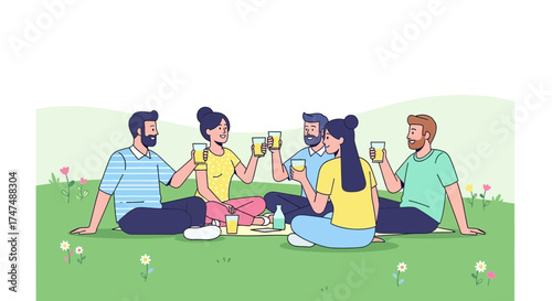 Joyful Friends Celebrating With Drinks During Picnic in Sunny Garden Setting