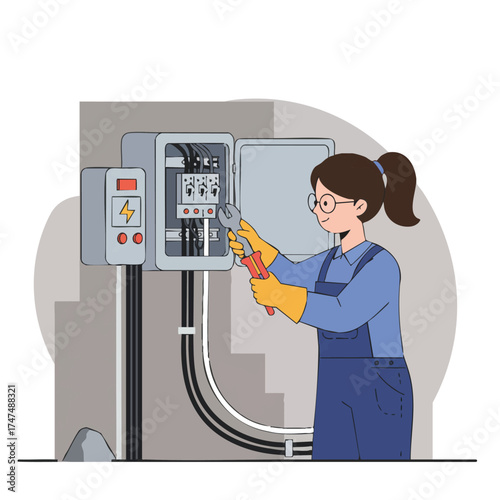 A female electrician carefully works on a circuit breaker panel, ensuring electrical safety and proper functionality in a residential or commercial setting.