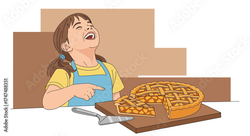 Joyful Girl Points At Delicious Apple Pie Celebrating Moment Of Pure Delight