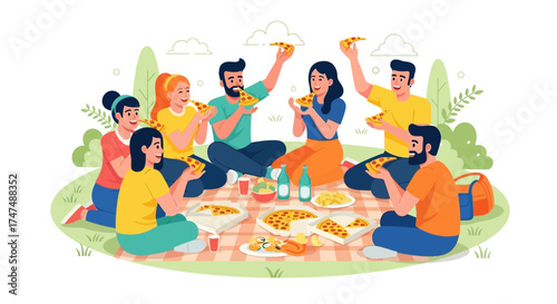 Joyful Friends Enjoy Pizza Outdoors During A Relaxing Picnic Gathering Together