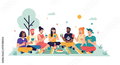 Joyful Friends Enjoying A Picnic Together Outdoors On A Vibrant Sunny Day
