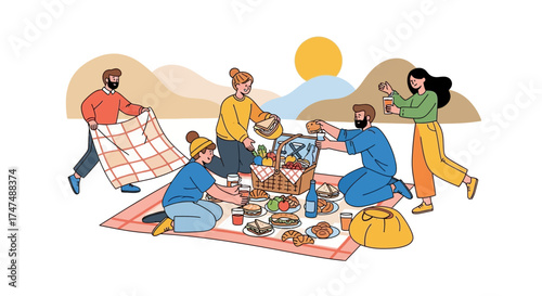 Joyful Friends Enjoying Picnic Outdoors During The Bright Daylight