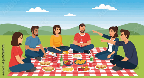 Joyful Friends Gathered For A Picnic Enjoying Food, Laughter, And Sunny Weather Outings