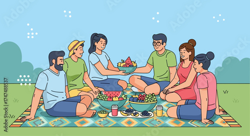 Joyful Friends Share Fresh Fruits During a Pleasant Picnic on a Sunny Day