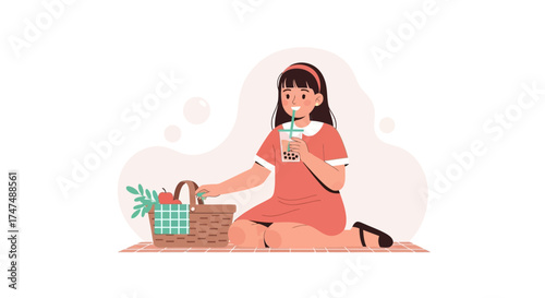 Joyful Girl Sipping Bubble Tea During Peaceful Picnic Beside A Picnic Basket Blissfully