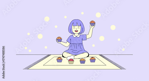 Joyful Girl Sitting Cross-Legged and Holding Cupcakes in a Cheerful, Bright Illustration