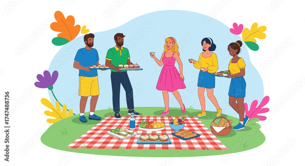 Fototapeta premium Joyful Gathering: Friends Sharing Food And Laughter During An Afternoon Picnic Together