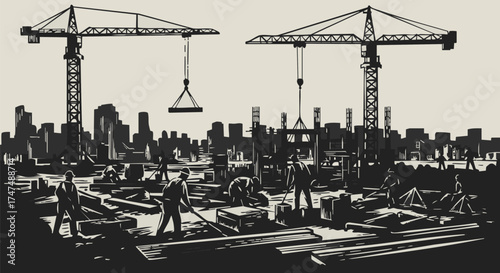 Construction workers toil on a building site, with cranes lifting materials while a city skyline rises in the background, illustrating urban development.