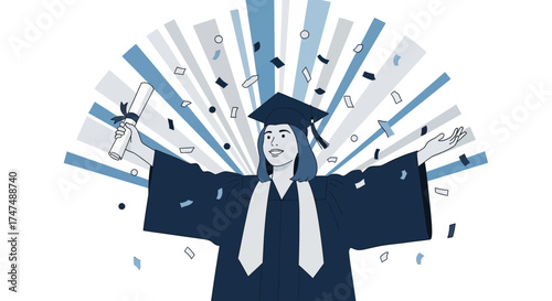 Joyful Graduate Celebrating Achievement With Diploma Amidst Festive Confetti Shower
