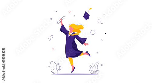 Joyful Graduate Celebrating Achievement With Diploma And Graduation Cap Flying Free