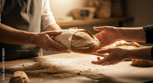 Hands passing fresh baked sourdough bread from baker to customer in cozy bakery