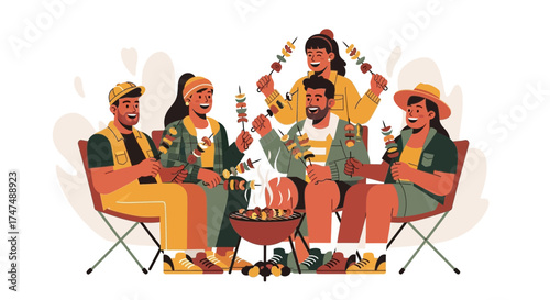 Joyful Group Enjoying Outdoor Barbecue and Sharing Food in Vibrant Community Scene