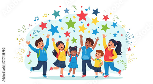 Joyful Group Of Youngsters Celebrating With Colorful Stars And Musical Notes Up Above