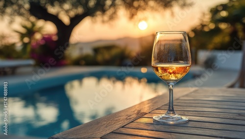Glass of wine on wooden table near swimming pool at sunset