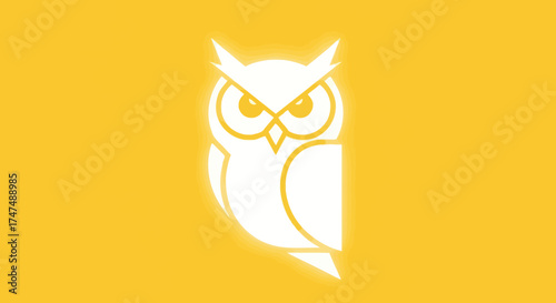 Owl illustration on yellow background; simple icon for education, security, or wisdom