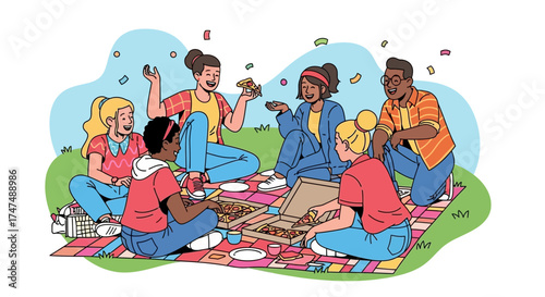 Joyful Group Of Friends Sharing Pizza And Celebrating Outdoors Together