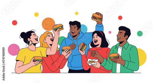 Joyful Group Of Friends Enjoying Hamburgers In A Cheerful And Vibrant Illustration