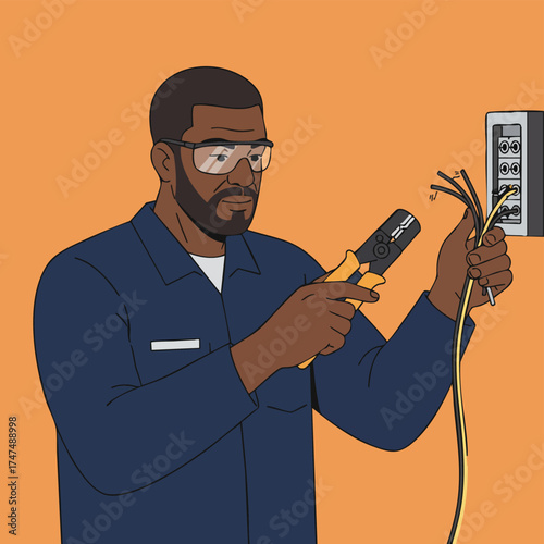 An electrician wearing safety glasses carefully strips wires, working on an electrical panel, ensuring safety during the process.
