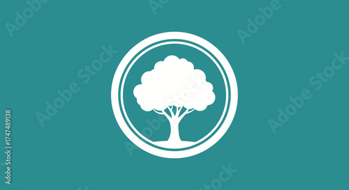 White tree inside circle on teal background; conceptual ecology image for sustainability projects & environmental advocacy