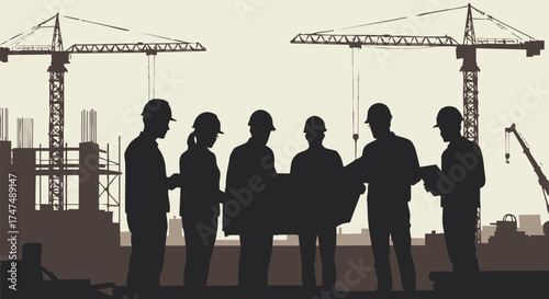 Construction workers in silhouette collaborate on a blueprint with cranes towering in the background, illustrating teamwork and architectural planning.