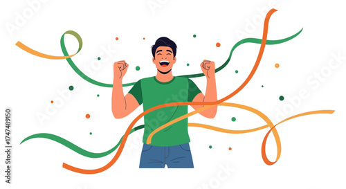 Joyful Illustration Of Young Man Celebrating Success, Triumphant, Colorful Ribbons Present