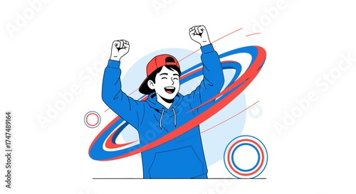 Joyful Individual Celebrating Success with Uplifted Arms and Vibrant Linear Graphics