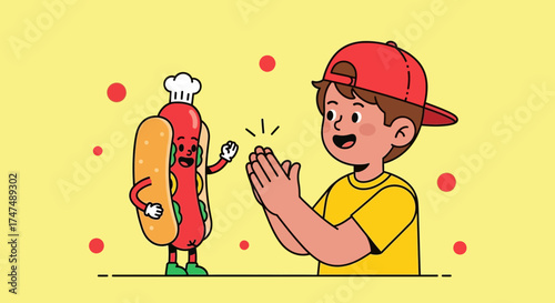 Joyful Interaction Between A Young Boy And An Animated Cartoon Hotdog Friend Cartoon