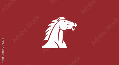 White prancing horse head in vector art on plain red background used for logos